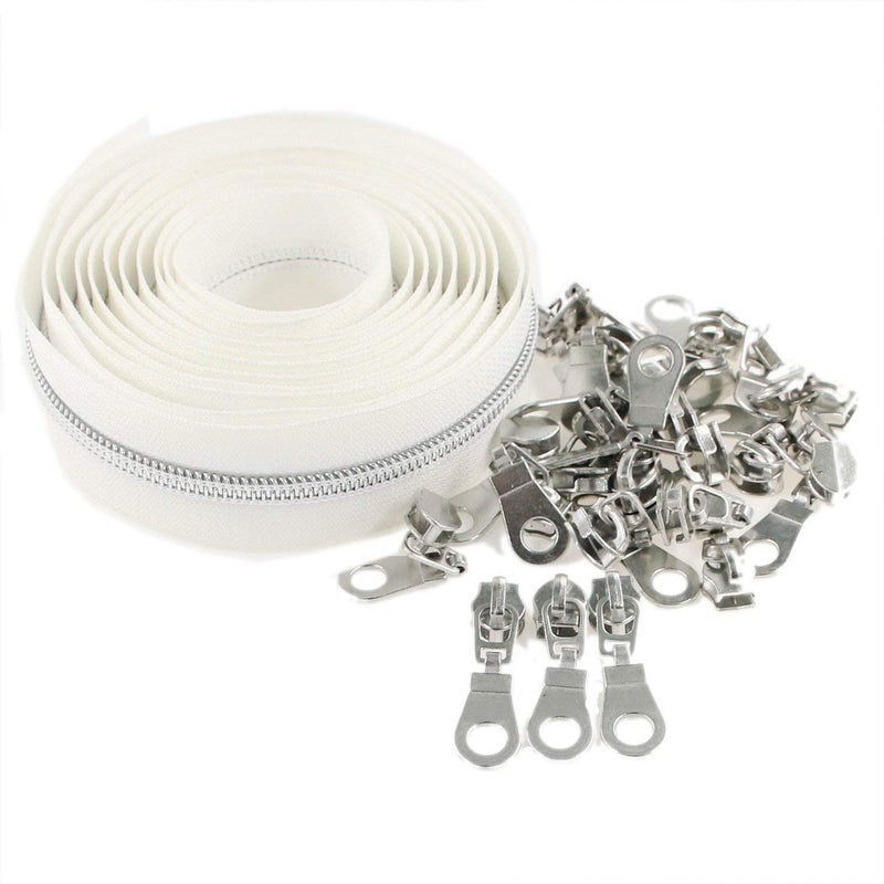 Leekayer #5 Silver Metallic Nylon Coil Zippers by The Yard Bulk 10 Yards White Tape with 25pcs Silver Sliders for DIY Sewing Tailor Craft Bag(White) - Image 2